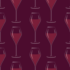 Hand Drawn Outline Wine Glass with Wine Seamless Pattern Wine Day Themed Backdrop Light on Burgundy