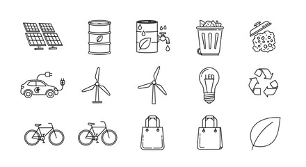 Discover sustainable living icons featuring solar power, electric cars, wind turbines, recycling, and eco-friendly transportation for a greener future.