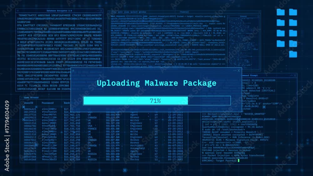 Poster malware upload and installation progress – cyber security hacking console animation background