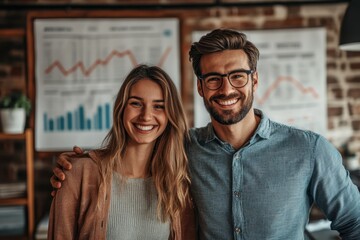 Young professionals smiling together in a modern office setting during the day while collaborating