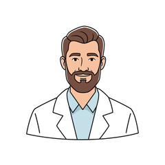 Fototapeta premium A professional man in a medical coat looks straight ahead with a smile on his face. This illustration showcases a handsome and professional individual in a professional environment.