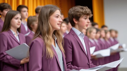 Teen choir singing performance with male and female caucasian teens in purple blazers.