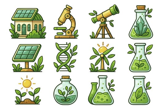 Eco science icons set featuring greenhouse, microscope, telescope, solar panel, dna helix, wind turbine, green flasks