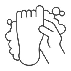 Foot with soap foam thin line icon, body hygiene concept. Vector graphics. Human foot with soapy foam bubbles, body washing sign on white background, outline style icon for mobile or web design.