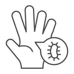 Hand and dialog bubble with bacteria thin line icon, body hygiene concept. Vector graphics. Bug popup and hand, washing hands sign on white background, outline style icon of mobile or web design.