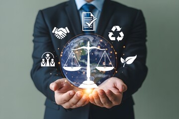 Businessman holding global ESG icons Corporate Social Responsibility concept Modern business style Vector illustration