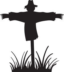 Scarecrow in grassy field silhouette vector, black and white silhouette vector illustration