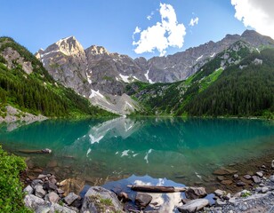Serene mountain lake reflecting peaks