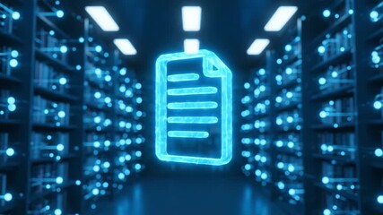 Glowing Digital Document Icon in Futuristic Server Room Symbolizing Data Storage, Cloud Computing, and File Management with High Tech Secure Atmosphere - Powered by Adobe