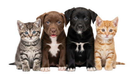Four juvenile domestic animals, including kittens and puppies, with soft fur and curious eyes, huddled on a transparent studio background with bokeh, endearing animal companionship concept