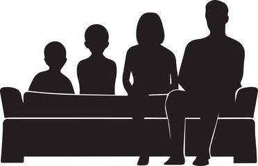 Family sitting together on a couch people silhouette vector, black and white silhouette vector illustration