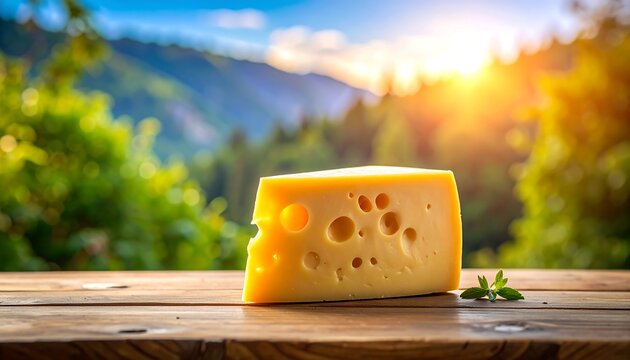 Cheese wedge on wooden table, scenic mountain backdrop