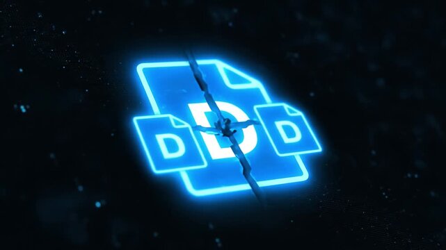 Glowing Blue Digital Icon of Broken File with D Symbol, Representing Data Corruption, Splitting, and Futuristic Aesthetic with Subtle Particle Effects and Technology Inspired Design