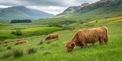 Scottish Highland cow breeds grazing on a green meadow.