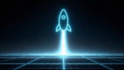 Blue neon rocket icon launching from a digital grid surface into a starry sky, representing technological advancement, business startup growth, and successful innovation in a futuristic setting