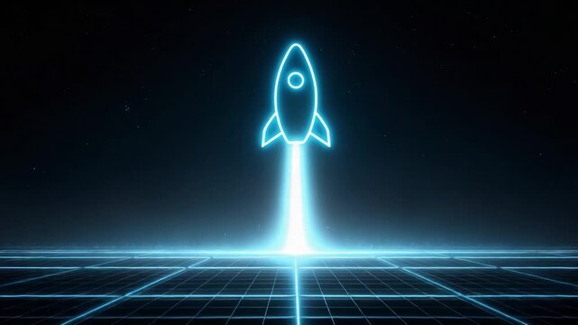 Blue neon rocket icon launching from a digital grid surface into a starry sky, representing technological advancement, business startup growth, and successful innovation in a futuristic setting