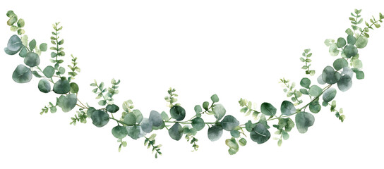 Eucalyptus branch watercolor illustration, botanical hand painted green leaves, elegant nature inspired foliage for decorative design, card or invitation

