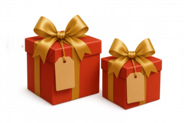 Red gift boxes with blank tags and gold ribbons, presenting celebration, holiday, and surprise concept