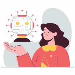 A woman presenting a futuristic robot head with circuits and glowing lights, symbolizing artificial intelligence and technology