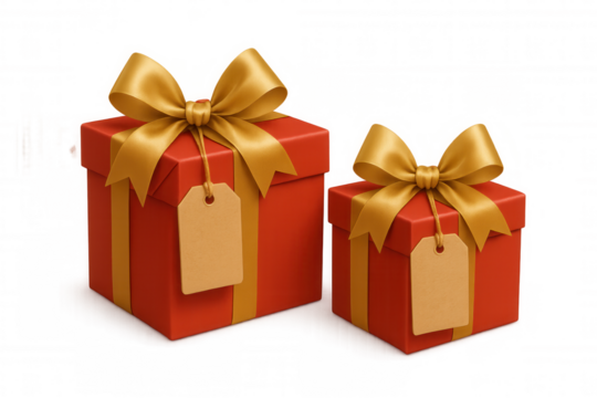 Red gift boxes with blank tags and gold ribbons, presenting celebration, holiday, and surprise concept