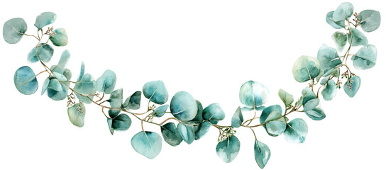 Eucalyptus branch watercolor illustration, botanical hand painted green leaves, elegant nature inspired foliage for decorative design, card or invitation

