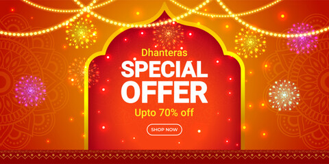 Obraz na płótnie Canvas Elegant vector illustration offer banner for Dhanteras festival, festive sales, jewellery promotions, gold shopping, and discounts