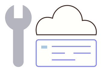 Large wrench near outlined cloud and text form. Ideal for themes thumbs up IT, software development, cloud storage, system maintenance, customization, technology support, simple flat metaphor