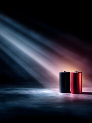 Two batteries of different colors are placed together with light shining down on them.
