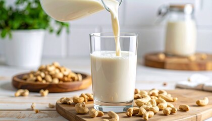 Creamy cashew milk is being poured into a clear glass against a background of cashews and a plant for a healthy, vegan, and refreshing beverage option.