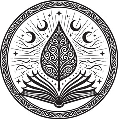 Mystical circular emblem with an open book, ornate leaf, moons, and stars.
