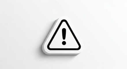 A minimalist 3D rendering of a white triangular warning sign with a black exclamation mark inside, casting a subtle shadow on a plain white background, signifying caution.