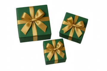 Three green gift boxes with golden ribbons and bows, bringing celebration and holiday spirit, on transparent background