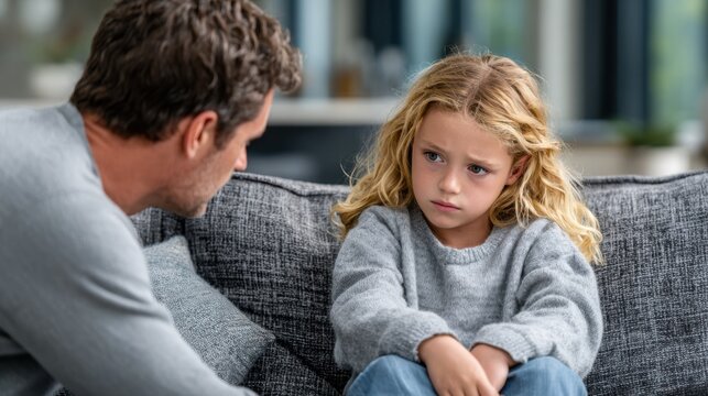 A concerned father talks to his upset young daughter, who sits quietly on a couch looking sad and thoughtful. - Powered by Adobe