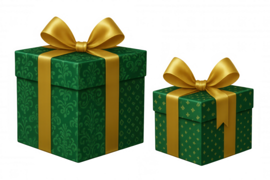 Green gift boxes with golden ribbons and bows for celebrating holiday presents, birthday, and special occasions