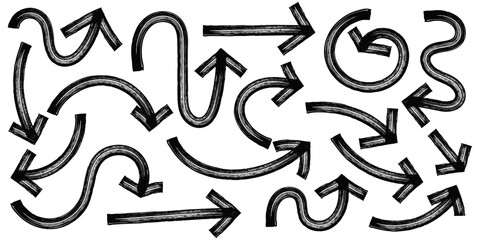 Arrows hand drawn with marker, chalk or charcoal. Black arrow shapes with brush strokes. 