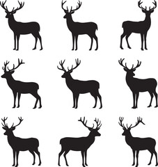 A collection of Majestic stag deer silhouette standing tall deer black vector, black and white silhouette vector illustration
