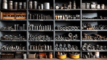 Shelves filled with various metal parts in an old workshop setting.