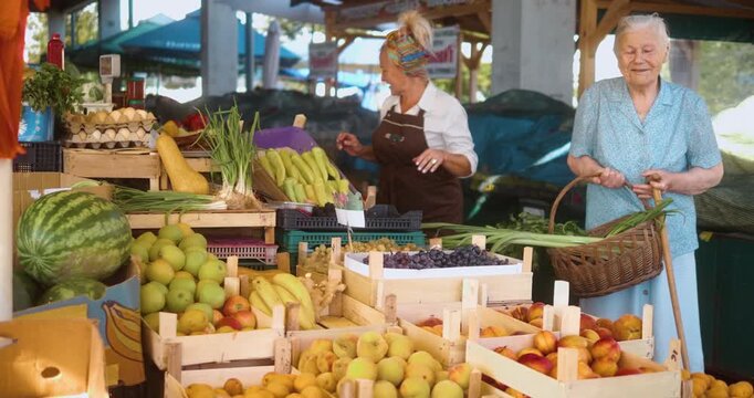Kind female vendor at farmers market helping elderly grandmother by placing fresh vegetables into shopping basket, concept of support, care, healthy food and community connection.