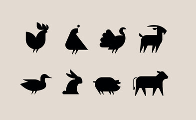 Farm animals icon set with rooster, quail, turkey, goat, duck, hare, pig, cow drawing with black on beige background