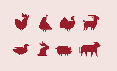 Farm animals icon set with rooster, quail, turkey, goat, duck, hare, pig, cow drawing with red on beige background