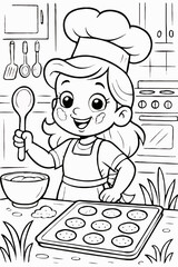 Cute Little Girl Chef Baking Cookies Coloring Page