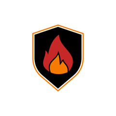 Illustration of a stylized flame inside a black shield with an orange border, isolated on white.