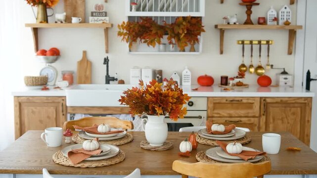 Autumn kitchen table setting with maple leaves, pumpkins, and white miniature pumpkins.
