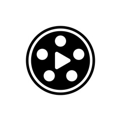 Black and white icon of a film reel with a play button in the center.