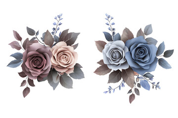 Mauve and blue rose bouquet set, soft pastel elegant watercolor floral arrangement, hand painted botanical cluster for wedding, decor, card or invitation

