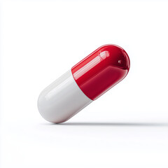 3D icon of red and white capsule medication on a white surface close up view