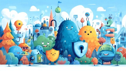 Fototapeta premium Colorful Fantasy Landscape with Cute Characters and Imaginary Structures