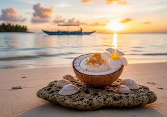 Nauruan coconut pudding in a coconut shell on a tropical beach with a beautiful sunset
