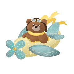 Illustration of a cute teddy bear wearing goggles and yellow scarf, flying a blue airplane. Childish design, cartoon style, travel and adventure concept.