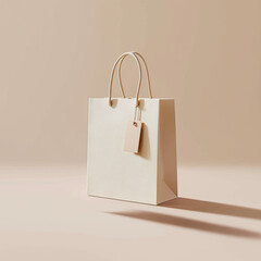 A minimalist shopping bag icon with a tag on a neutral background